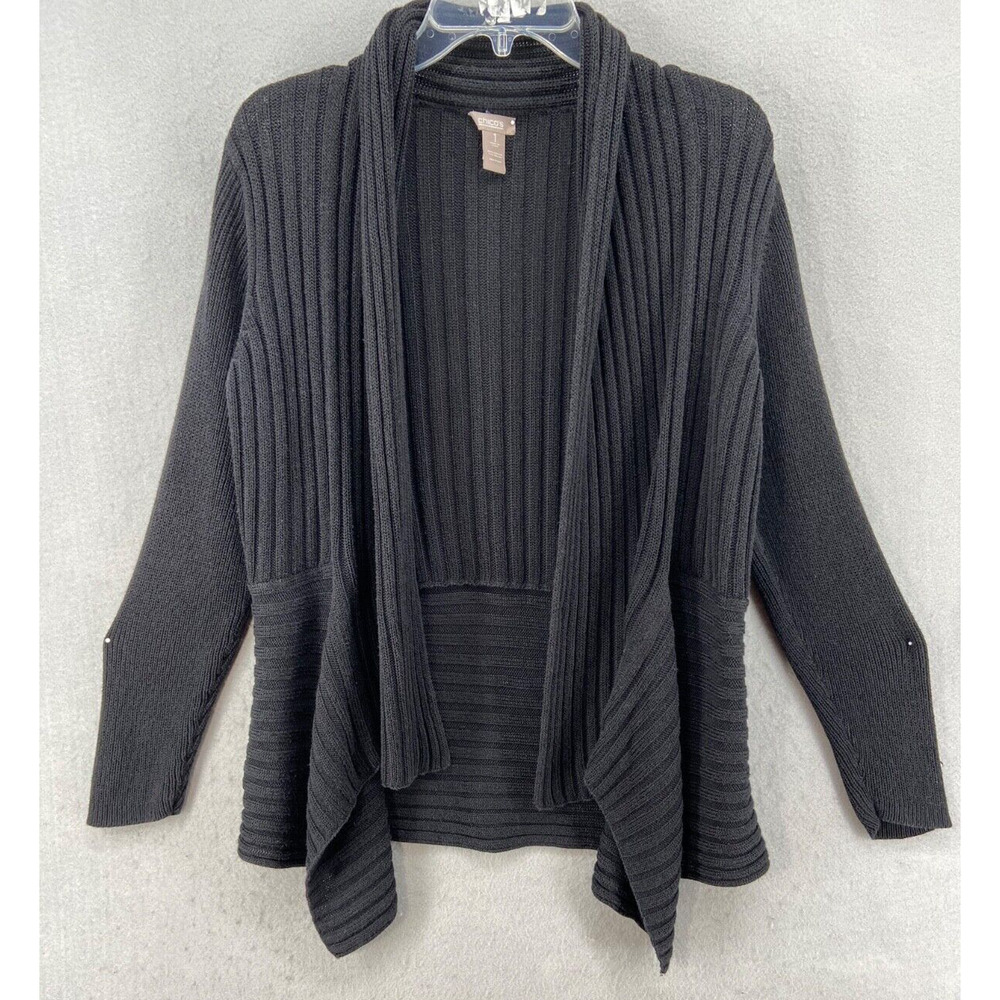 Chicos Cardigan Womens Sz 1 Small Black Open Front Long Sleeve Collar Knit